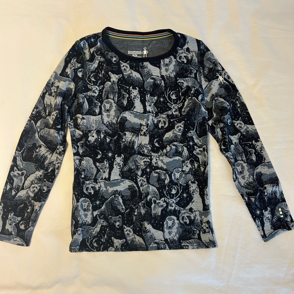 Smartwool Merino Wool 250 Baselayer Crew Top Winter Sky Animals Kids' Medium